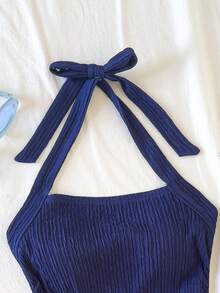 SHEIN 少女修身休闲简约舒适纹理面料吊带背心 - 藏蓝色 - 查看 4