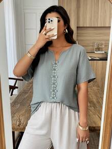 Weeklong Plus Size Women's Floral Patchwork Ruffle Trim Loose Short Sleeve Blouse, Spring/Summer - Green - View 3