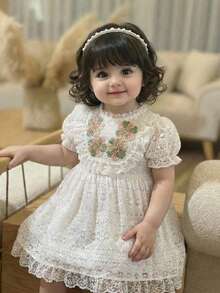 LMoss Kids 女婴蕾丝编织立领泡泡袖修身连衣裙 - 白色 - 查看 5
