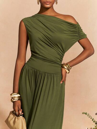 Zivah 2026 Spring New Arrival, Easter, Western, Nomadic, Daily, Casual Commuter Green Color Asymmetrical Off-Shoulder Ruched Decoration Patchwork Waist Elastic Knit Jumpsuit For Women, Suitable For Daily Commute, Vacations, Travel, Parties, Gatherings, Wedding Guest Attire, Cruises, Evenings, Beach Sunbathing, Nighttime Outings, Brunch, Shopping, Valentine's Day, Formal Occasions, Dinner Parties, Music Festival, Birthday Party, Casual, Everyday Wear, Festival, Holiday Outing.