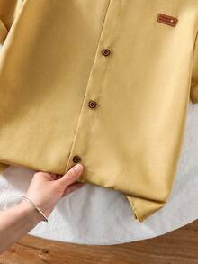 SHEIN 1pc Tween Boys' Stand Collar Gentleman Style Solid Blue Casual Short Sleeve Shirt, Spring/Summer - Yellow - View 5