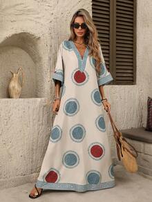 Breezaya Women's Elegant Retro Print V-Neck Loose Drop Shoulder Mid-Sleeve Dress - Multicolor - View 4