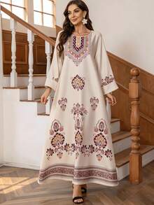 INAWLY Robe décontractée à manches longues, col rond, coupe ample, imprimé floral pour femmes - Nude - Voir 4