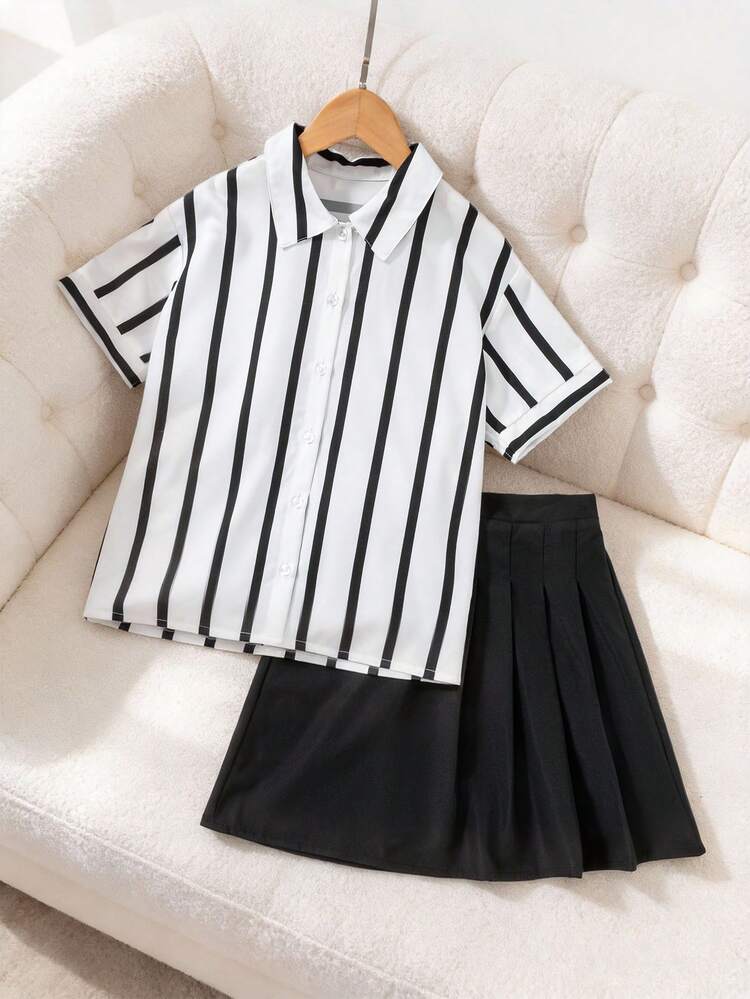 SHEIN 2pcs Tween Girls Shirt Set, Casual Style, Short Sleeve Striped Shirt Paired With Black Skirt, Lightweight Thin Fabric Suitable For Spring And Summer. Comfortable And Fashionable, Contrast Color Design Shows Vitality And Elegance, Ideal For School, Daily Outings, Versatile For Multiple Occasions. - Black and White - View 5