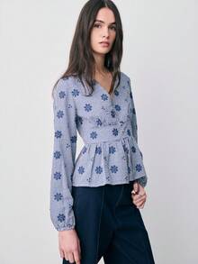 Nöista Long-Sleeve Blouse Features A V-Neckline, Cinched Waist, Peplum Hem Create A Flattering Silhouette. Spring, Summer, Easter. - Royal Blue - View 1