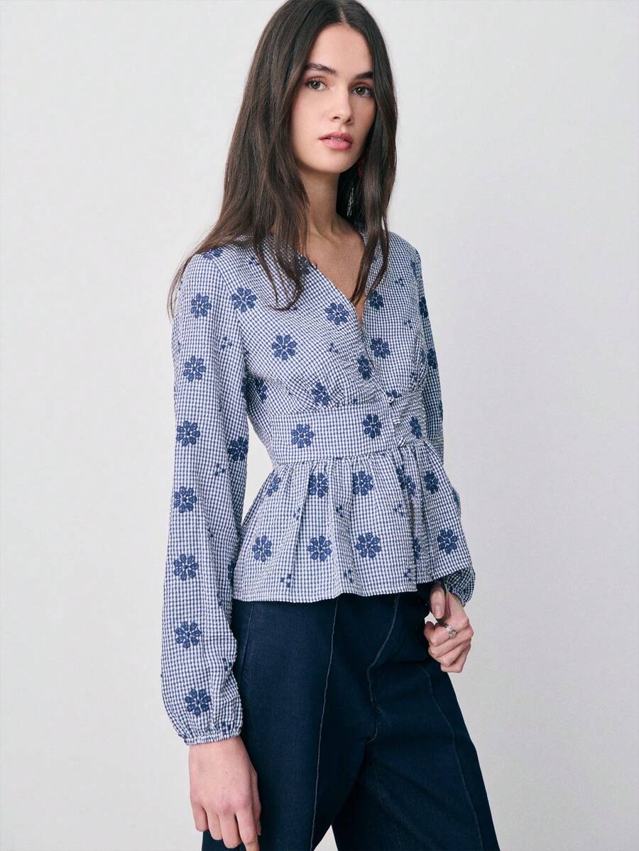 Nöista Long-Sleeve Blouse Features A V-Neckline, Cinched Waist, Peplum Hem Create A Flattering Silhouette. Spring, Summer, Easter. - Royal Blue - View 1