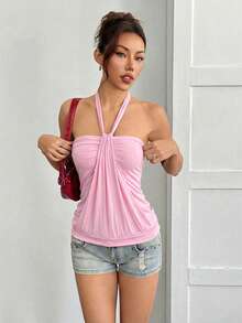 SHEIN EZwear Áo hai dây hở lưng màu hồng dáng rộng dành cho nữ, thích hợp cho mùa xuân/hè. - Hồng - Xem 4