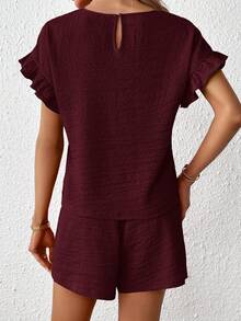 SHEIN Essnce 2pcs Women Short Sleeve Top & Elastic Waist Shorts Set - Maroon - View 2