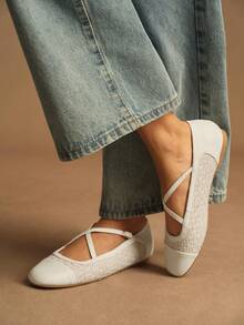 Rosivie Women's Casual Commuting Slip-On Shoes With Criss-Cross Buckle Design - Beige - View 2