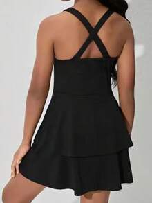 女童时尚露背瑜伽连体裤，防走光，舞蹈紧身衣，健身运动网球服，镂空肩带设计 - 黑色 - 查看 3