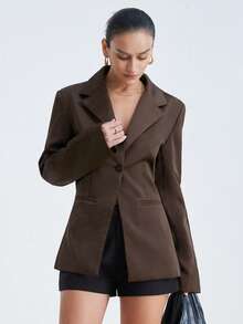 Aveloria Modichic Commuting Elegant Design Sense Backless Sexy Satin Luster Waist Cinching Long Sleeve Lapel Women's Blazer - Brown - View 4