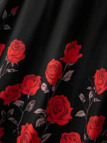 GlowEve CURVE Falda acampanada con estampado floral de rosa para mujer de talla grande, falda elegante y retro para uso diario, de vacaciones o fiestas, de color rojo chino, ideal para el Día de San Valentín - Negro - Ver 6