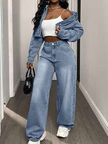 DAZY Damen Jeans Crop Top und Jeans Set - Blau - Übersicht 4