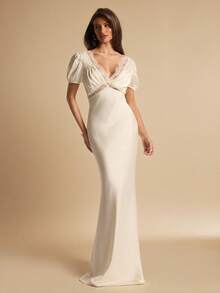 SHEIN BAE Vestido elegante de satén y encaje con escote en V, mangas cortas y espalda descubierta, en color albaricoque, adecuado para invitados de boda, brunch, ocasiones sociales, verano, citas, fiestas de cumpleaños - Albaricoque - Ver 2