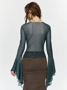 ROMWE Fairycore 仙女、圣母玛利亚、莲花和十字架印花修身喇叭袖薄纱女式上衣 - 彩色 - 查看 9