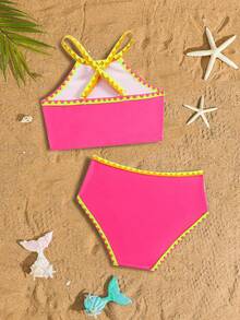 Bộ bikini 2 mảnh phối màu thời trang mới cho bé gái - Màu Hồng Tươi - Xem 2