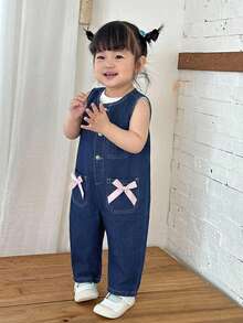 SHEIN 女婴深蓝色牛仔无袖白色条纹连体锥形裤 - 深色水洗藍 - 查看 4