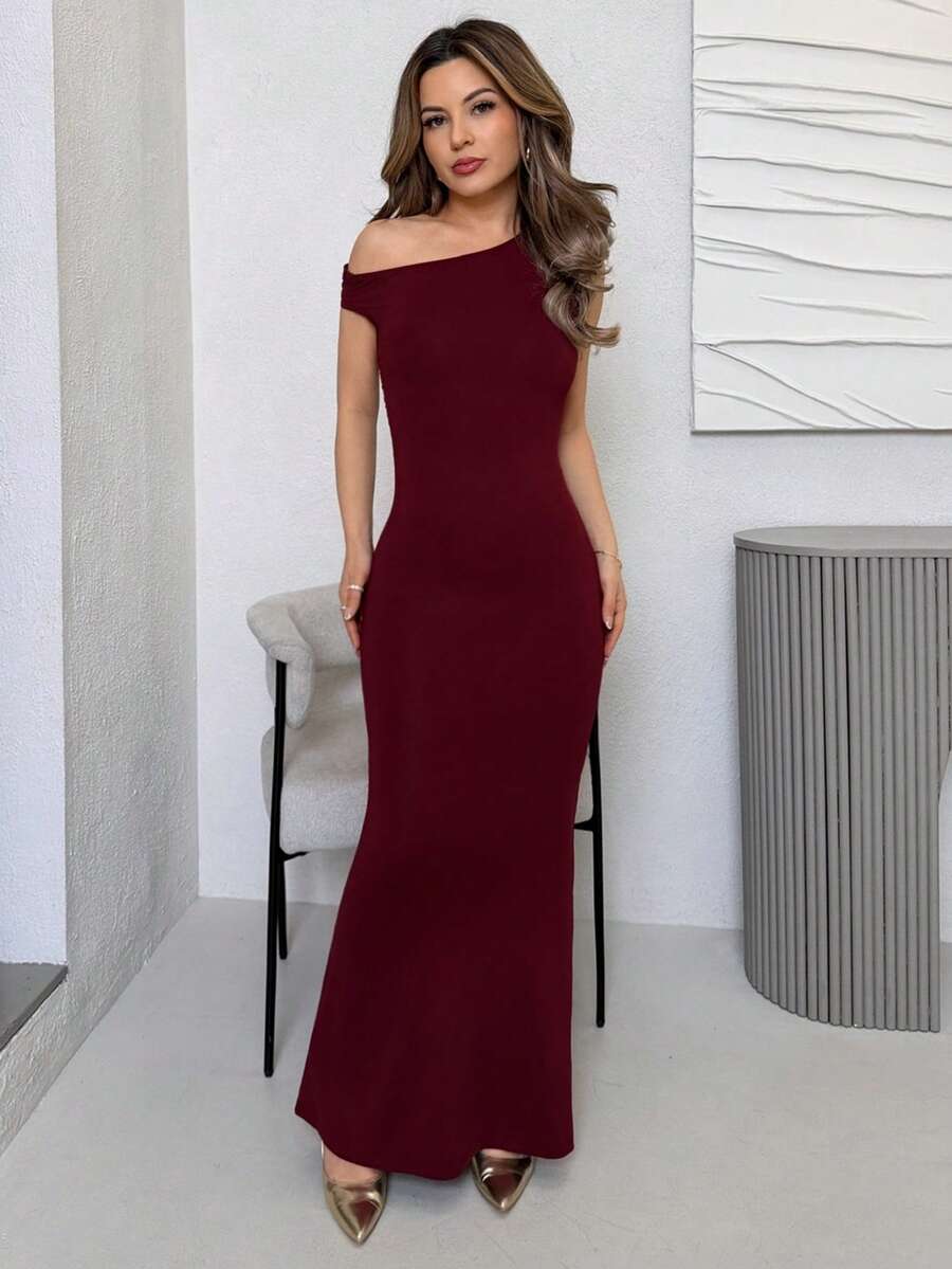 Jemour ملابس صيفية ، ملابس مناسبة للتاريخ اليومي والسفر، ملابس حفلات، ملابس داخلية أنيقة للمرأة، ملابس للخروج، فستان بذيل سمكة طويل جدًا وغير متماثل على الكتف المنحدر، ملابس نوادي للسيدات، ملابس للتاريخ، فساتين حفلات - عنابي اللون - مشاهدة 1