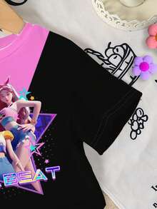 Bộ đồ cho bé gái gồm áo thun ngắn tay cổ tròn và quần short, kiểu dáng thường ngày, cá tính, dễ thương, phối màu đen hồng, in hình thần tượng K-POP, thích hợp cho các hoạt động ngoài trời mùa xuân/hè. - Nhiều màu - Xem 4