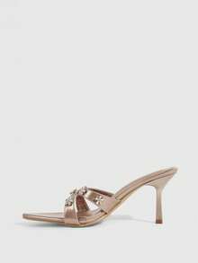 CUCCOO SZL Sandalias de tacón alto con puntera puntiaguda, decoración de flores de rhinestone para uso diario de moda para mujer - Oro rosa - Ver 8