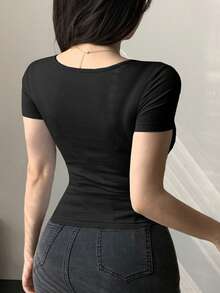 Joudiya 女士V领扭结短袖修身露脐T恤外出上衣 - 黑色 - 查看 5