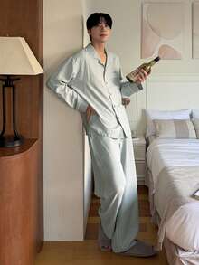 DAZY Green Long Sleeve Shirt And Pants Men's Pajama Set, Spring - Green - View 7