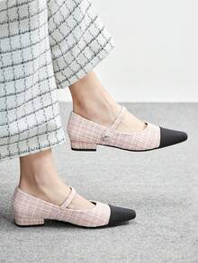 CUCCOO BIZCHIC 女士新款灰色法式低跟尖头简约时尚针织玛丽珍鞋，圣诞节必备 - 粉色格子 - 查看 4