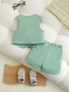 SHEIN 2pcs Baby Boy Gentleman Outfit,Sage Green Double-Breasted Vest & Shorts Set,Summer Cute Modest Formal Wear For Wedding Guest,Birthday Party,Baptism - Green - View 2