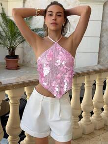 Aloruh Áo hở lưng gợi cảm đính sequin dành cho nữ, thích hợp cho kỳ nghỉ hè, phong cách boho nhiệt đới, kiểu phương Tây. - Hồng - Xem 6
