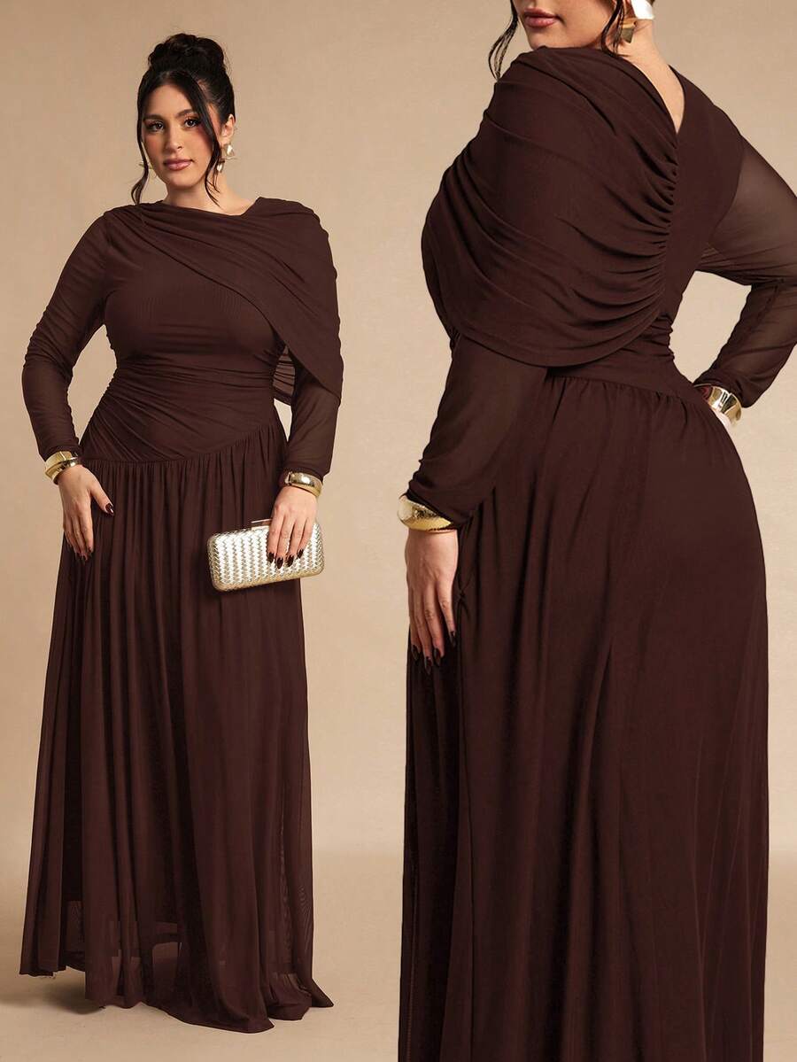 SHEIN BAE Đầm dài tay dệt kim lưới bất đối xứng màu nâu cà phê dành cho nữ cỡ lớn - Cà phê nâu - Xem 1