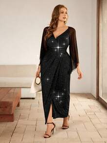 Flirla Stunning Plus Size Black Sparkle Long Dress With Three Quarter Split Sleeves Wrap Detail And V Neck For Parties - Black - View 7