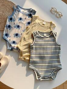 SHEIN 3pcs Newborn Baby Unisex Clothes, Cute Knitted Striped Cartoon Elephant Print Rompers, Summer Basic Bodysuit Outfit Set - Multicolor - View 7