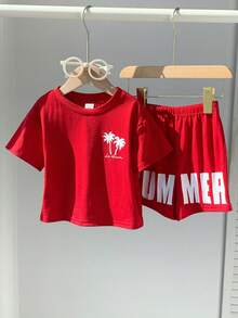 SHEIN 2pcs/Set Baby Boy Summer Casual Vacation Knit Red Printed Pattern Loose T-Shirt And Red Shorts Set - Multicolor - View 3