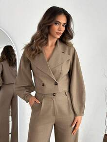 EURMUSE Women's Brown Double-Breasted Cropped Blazer And Wide Leg Pants Set - Brown - View 2