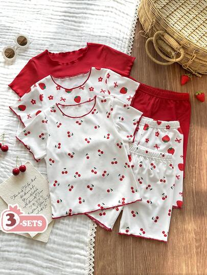 Vintaside Kids 女童夏季数码印花田园可爱樱桃草莓蝴蝶结纯色多件套，适合休闲玩耍