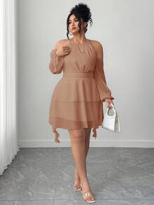 Elenzga Plus Size Women's Open Shoulder Solid Color Keyhole Neck Lantern Sleeve Dress - Khaki - View 5