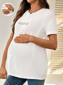 SHEIN 孕妇字母印花圆领短袖休闲哺乳上衣 - 白色 - 查看 6