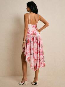 Poéselle Women's Floral Print Asymmetric Ruffle Hem Spaghetti Strap Midi Dress,Blush Pink,Summer,Tropical,Vacation,Holiday Beach Wedding Guest Elegant Dress - Pink - View 9