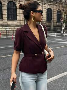 DAZY Chemise formelle de navettage rouge pour femmes avec col, manches bouffantes et ceinture à la taille, style Y2K d'été - Rouge foncé - Voir 7