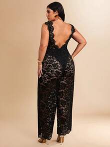 SHEIN BAE 大码女士纯黑色性感透视蕾丝露背连体裤，优雅日常、约会、派对外出装扮，不对称阔腿连体裤，情人节连体裤，日常连体裤，优雅连体裤，秋季蕾丝连体裤 - 黑色 - 查看 3