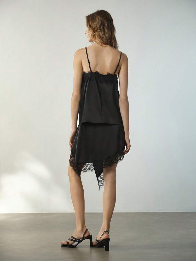 SHEIN Maija Women's Solid Color Contrast Lace Camisole And Asymmetric Hem Skirt 2 Pieces Set Black Satin Dress Slip Dress Women Lace Trim Dress Cami Dress Spaghetti Strap Dress, Spring Break