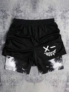 SHEIN Bolty 1 件装青少年男童图案抽绳腰网眼短裤，适合上学、春季穿着、青少年男童服装、青少年男童外套、春季返校季 - 黑色 - 查看 10