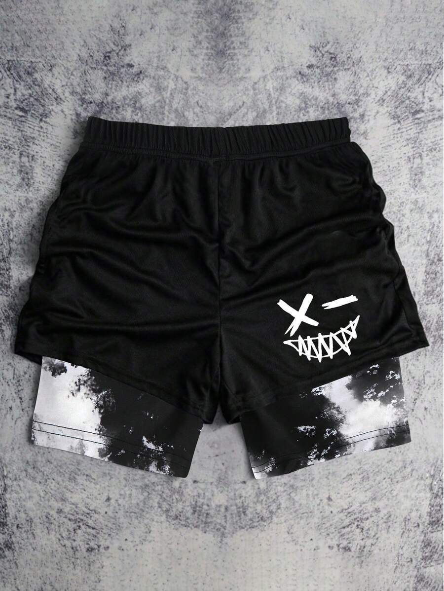 SHEIN Bolty 1 件装青少年男童图案抽绳腰网眼短裤，适合上学、春季穿着、青少年男童服装、青少年男童外套、春季返校季