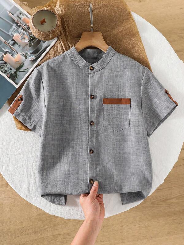 SHEIN חולצת 1pc לבנים עם צווארון מנדרינית, אפורה אחידה, מינימליסטית, שרוולים קצרים, רב-תכליתית לקז'ואל, קיץ חדש, מתאים לאירועים מרובים