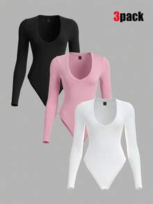 VARSIVA Women's Solid Color V-Neck Long Sleeve Casual Bodysuit - Multicolor - View 1