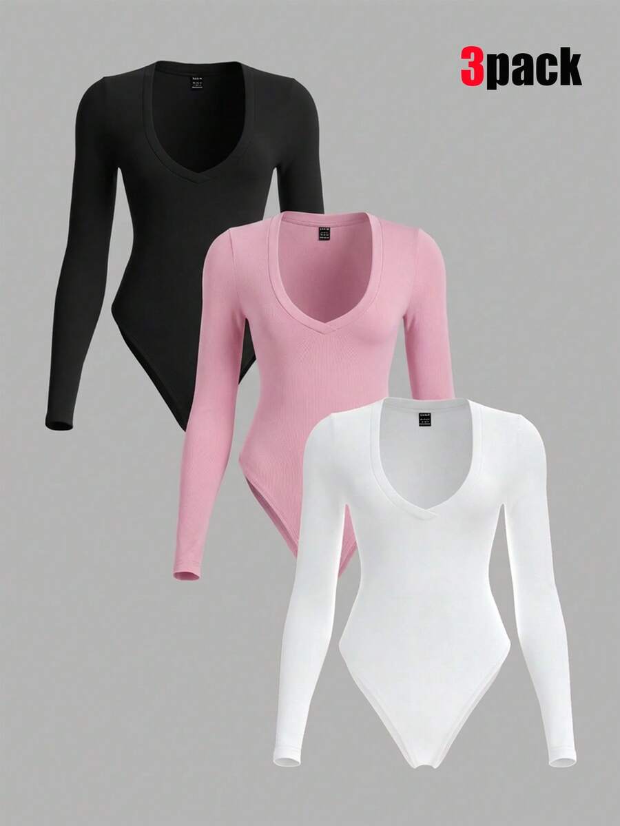 VARSIVA Women's Solid Color V-Neck Long Sleeve Casual Bodysuit - Multicolor - View 1