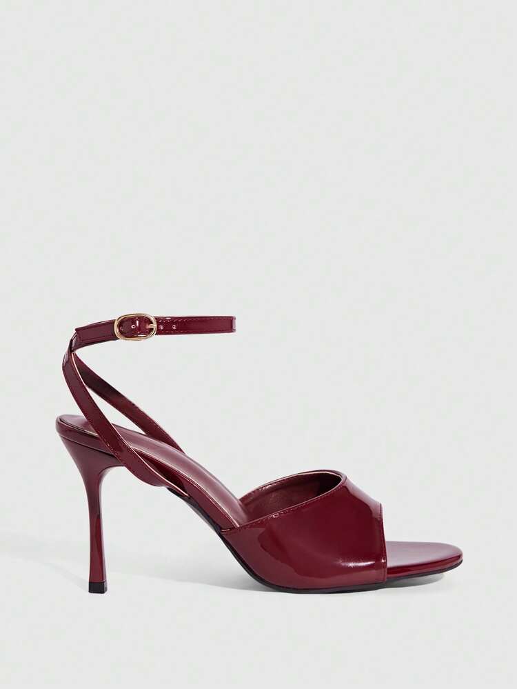 CUCCOO SZL Ladies Fashion Round Toe Burgundy Patent Leather Sexy Elegant Evening Party Style Fine Heel High Heel Sandals Prom Heels