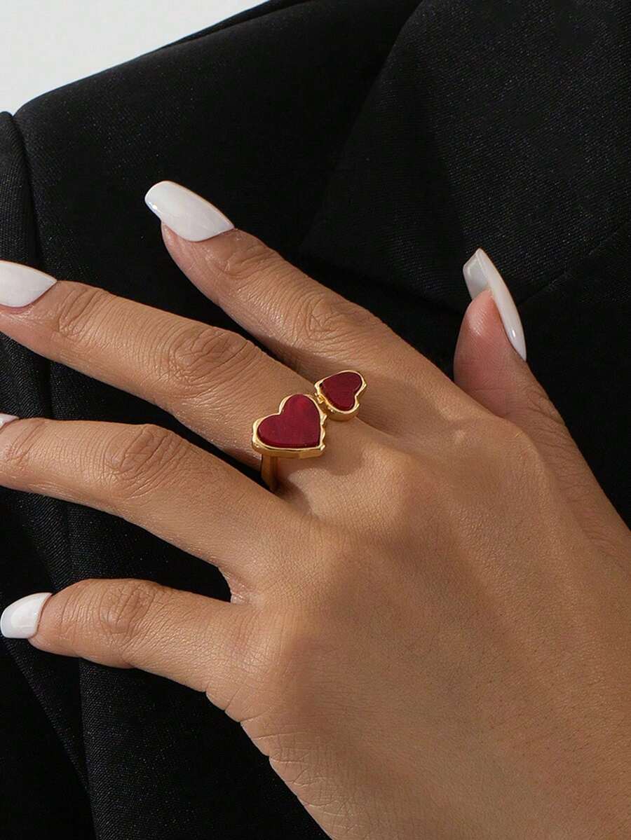 LOTSLUV 1pc Asymmetrical Heart-Shaped Adjustable Ring, Wine Red, Valentine's Day Gift For Girlfriend/Women Birthday Valentines,Mom,Mother,Mother's Day,Gift - Red - View 1