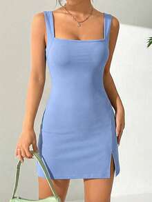 SHEIN EZwear 蓝色高开衩无袖连衣裙，女士夏季连衣裙 - 藍色 - 查看 5