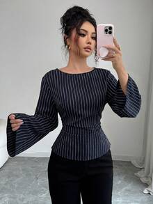 Siren Gaze Women's Navy Striped Boat Neck Bell Sleeve Long-Sleeve Ruffled Collar Fashion Shirt Fitted Shirt Striped Shirt Elegant Women's Shirt Commuter Wear Teacher's Shirt All-Season Casual Shirt Spring - Navy Blue - View 6
